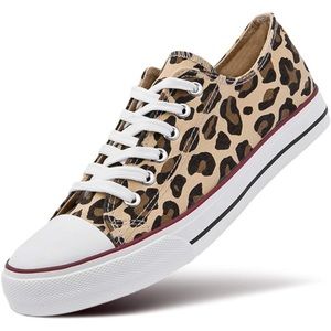 Women’s sneakers  low top Leopard print fashion tie up flat white cap